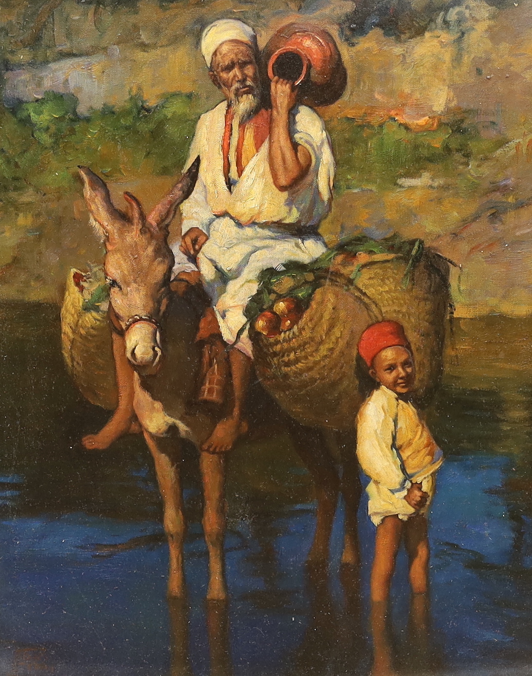 Manner of Adam Styka (French / Polish, 1890-1959), Orientalist style oil on board, figures and a donkey, 49 x 39cm